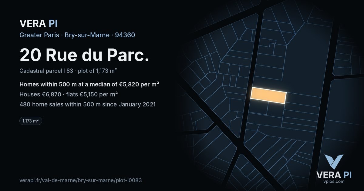 20 Rue du Parc, Bry-sur-Marne at night – the plot lit, the parcels around coloured by the prices near them