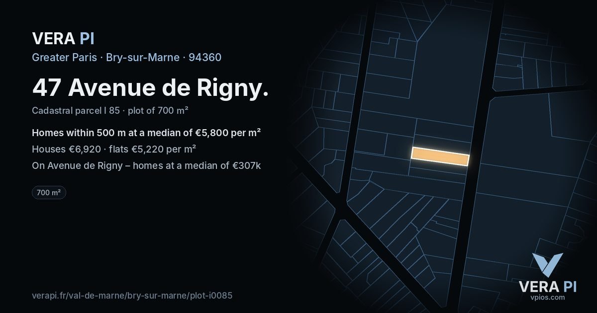 47 Avenue de Rigny, Bry-sur-Marne at night – the plot lit, the parcels around coloured by the prices near them