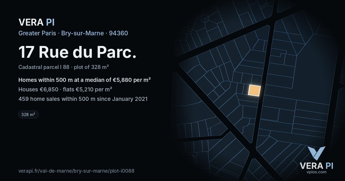 17 Rue du Parc, Bry-sur-Marne at night – the plot lit, the parcels around coloured by the prices near them