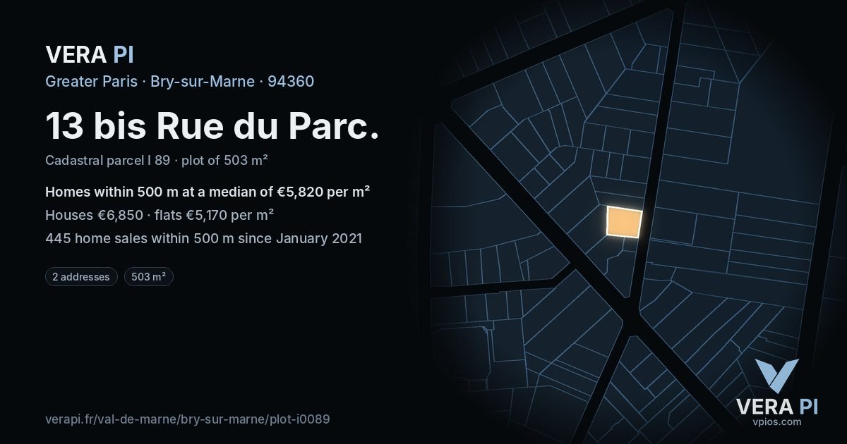 13 bis Rue du Parc, Bry-sur-Marne at night – the plot lit, the parcels around coloured by the prices near them