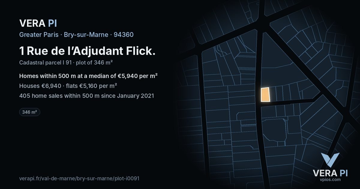 1 Rue de l’Adjudant Flick, Bry-sur-Marne at night – the plot lit, the parcels around coloured by the prices near them