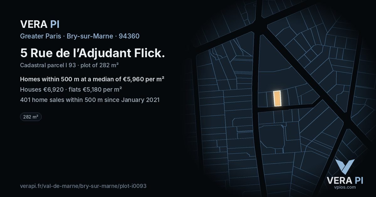 5 Rue de l’Adjudant Flick, Bry-sur-Marne at night – the plot lit, the parcels around coloured by the prices near them