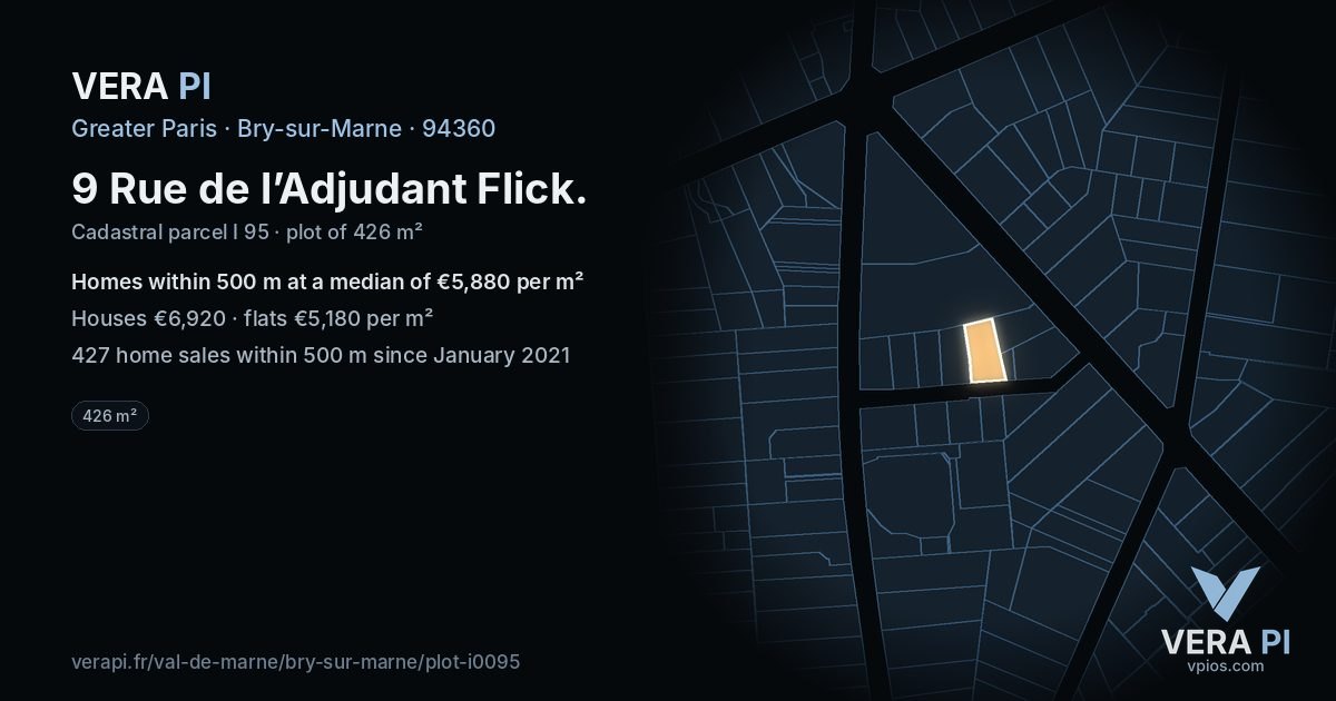 9 Rue de l’Adjudant Flick, Bry-sur-Marne at night – the plot lit, the parcels around coloured by the prices near them