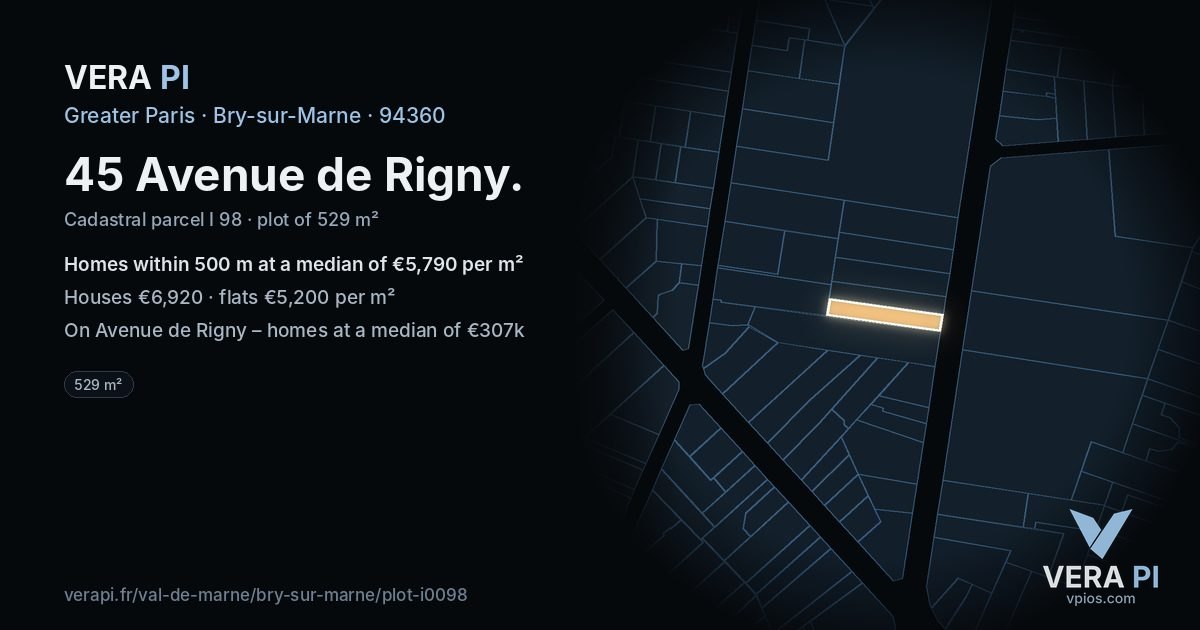 45 Avenue de Rigny, Bry-sur-Marne at night – the plot lit, the parcels around coloured by the prices near them