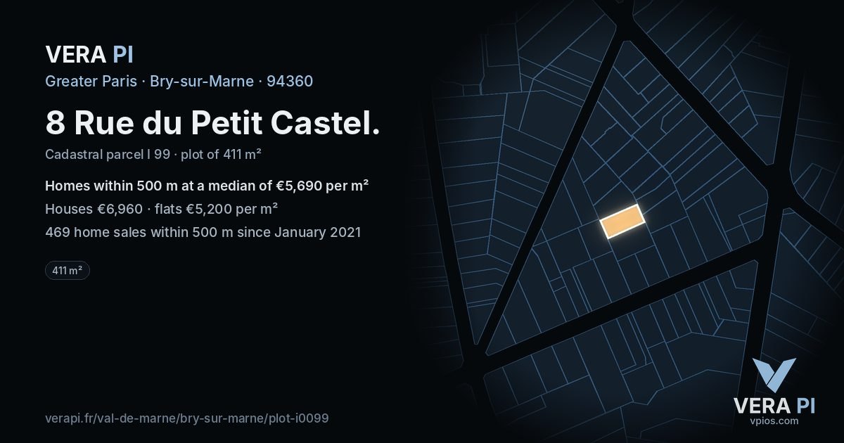 8 Rue du Petit Castel, Bry-sur-Marne at night – the plot lit, the parcels around coloured by the prices near them