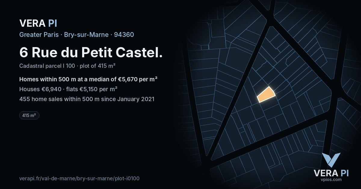 6 Rue du Petit Castel, Bry-sur-Marne at night – the plot lit, the parcels around coloured by the prices near them