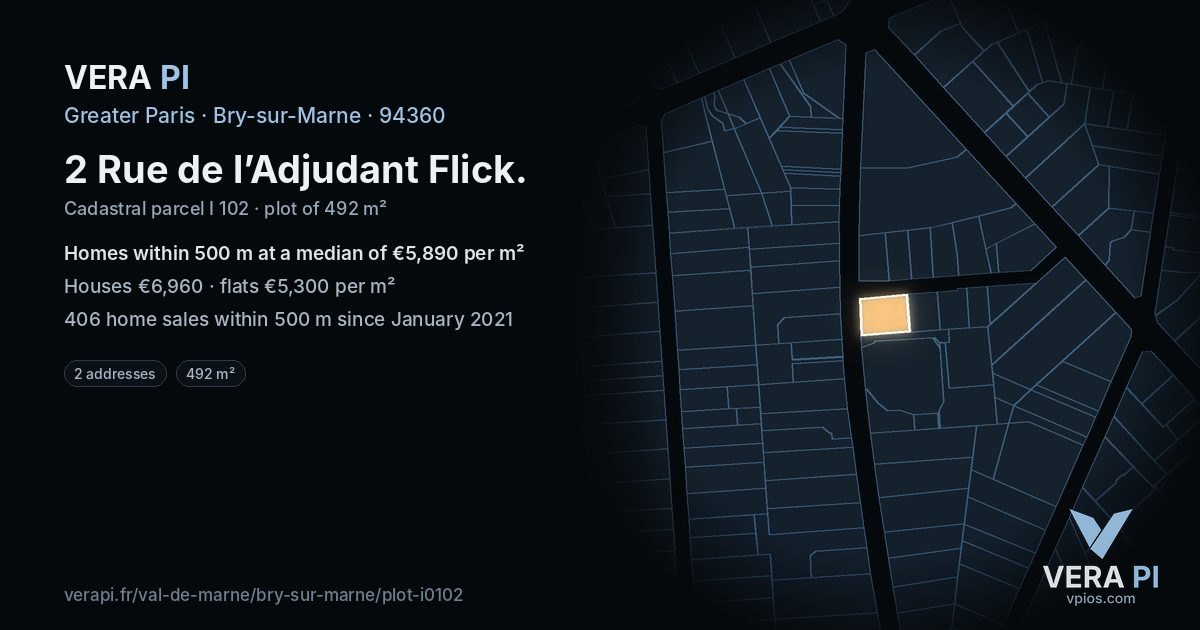 2 Rue de l’Adjudant Flick, Bry-sur-Marne at night – the plot lit, the parcels around coloured by the prices near them