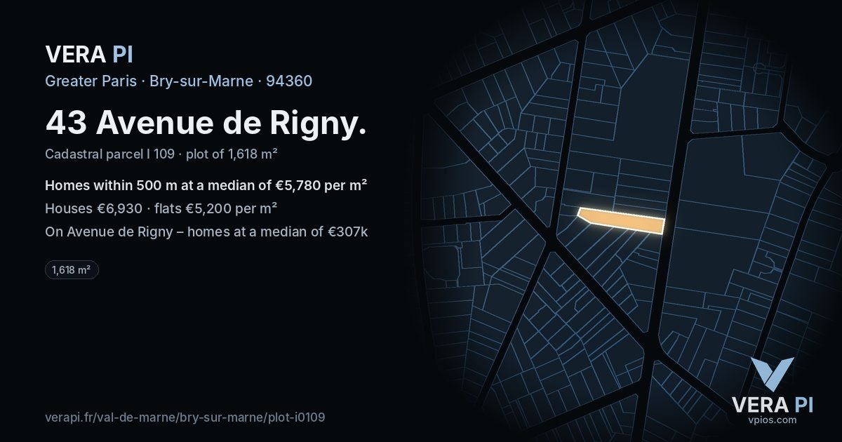 43 Avenue de Rigny, Bry-sur-Marne at night – the plot lit, the parcels around coloured by the prices near them