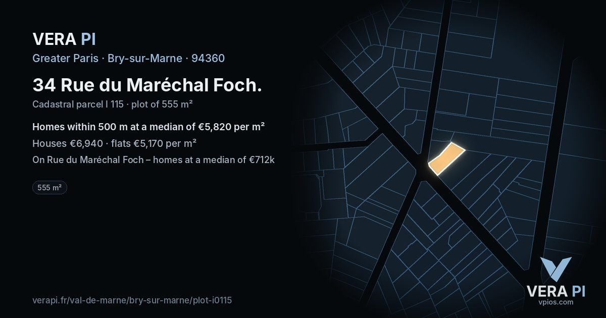 34 Rue du Maréchal Foch, Bry-sur-Marne at night – the plot lit, the parcels around coloured by the prices near them