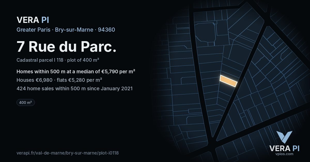 7 Rue du Parc, Bry-sur-Marne at night – the plot lit, the parcels around coloured by the prices near them