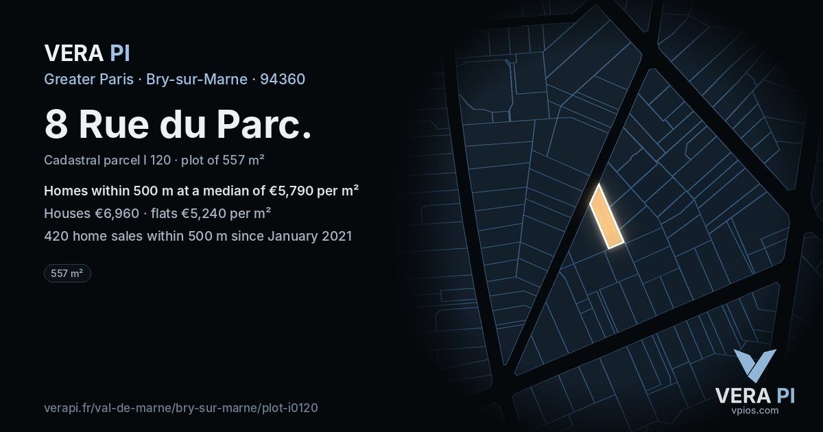 8 Rue du Parc, Bry-sur-Marne at night – the plot lit, the parcels around coloured by the prices near them