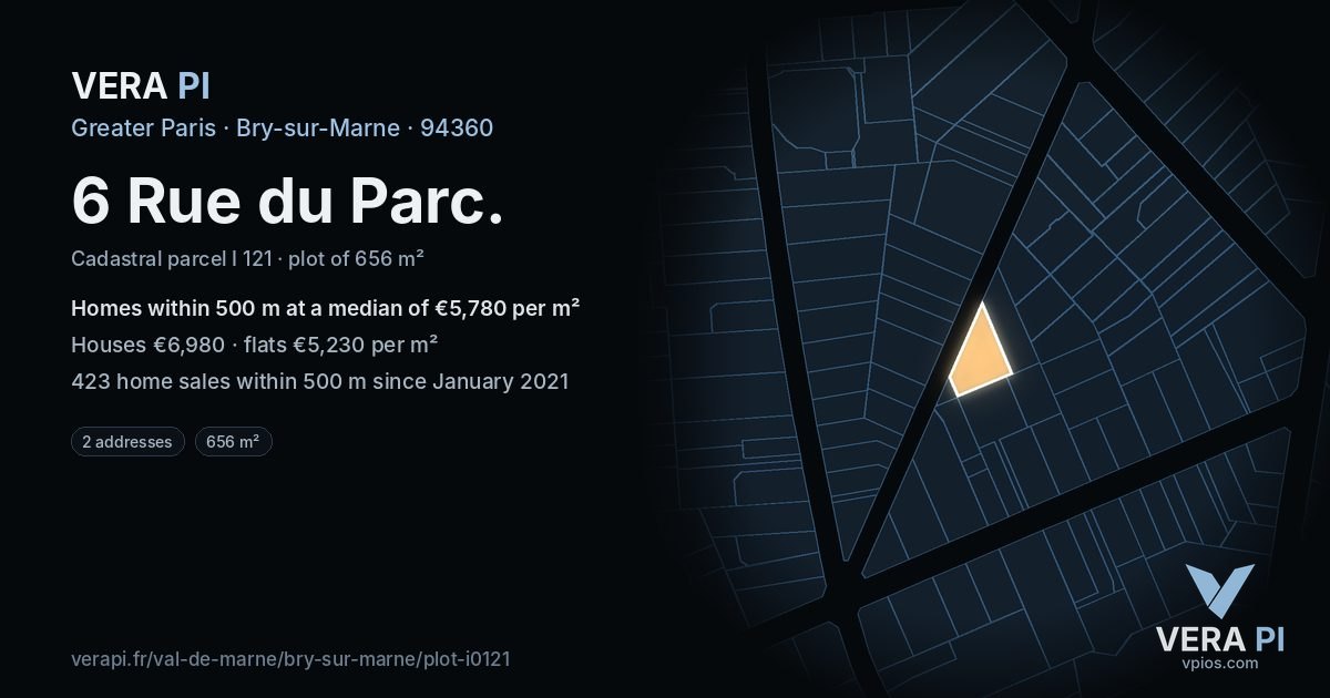 6 Rue du Parc, Bry-sur-Marne at night – the plot lit, the parcels around coloured by the prices near them