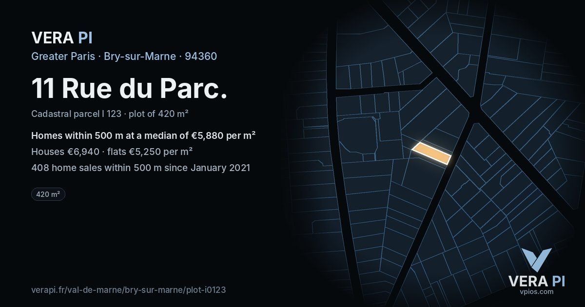 11 Rue du Parc, Bry-sur-Marne at night – the plot lit, the parcels around coloured by the prices near them