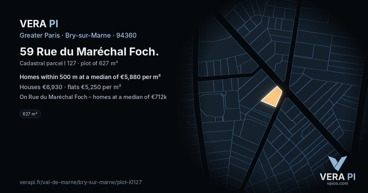 59 Rue du Maréchal Foch, Bry-sur-Marne at night – the plot lit, the parcels around coloured by the prices near them