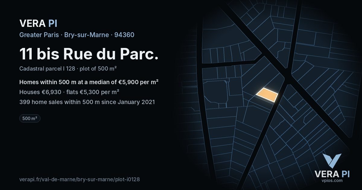 11 bis Rue du Parc, Bry-sur-Marne at night – the plot lit, the parcels around coloured by the prices near them