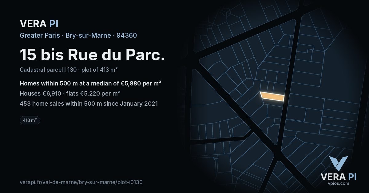 15 bis Rue du Parc, Bry-sur-Marne at night – the plot lit, the parcels around coloured by the prices near them