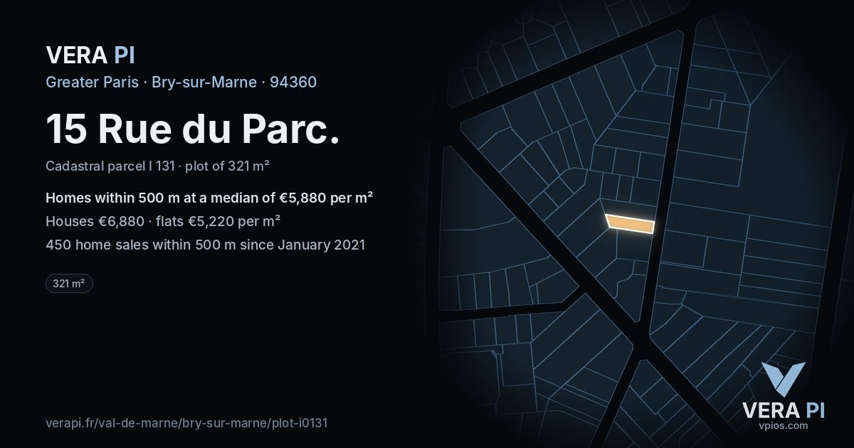 15 Rue du Parc, Bry-sur-Marne at night – the plot lit, the parcels around coloured by the prices near them