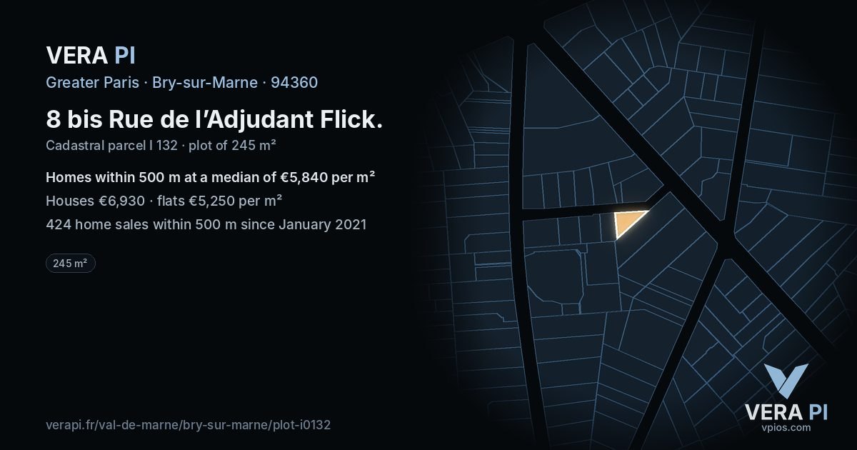 8 bis Rue de l’Adjudant Flick, Bry-sur-Marne at night – the plot lit, the parcels around coloured by the prices near them