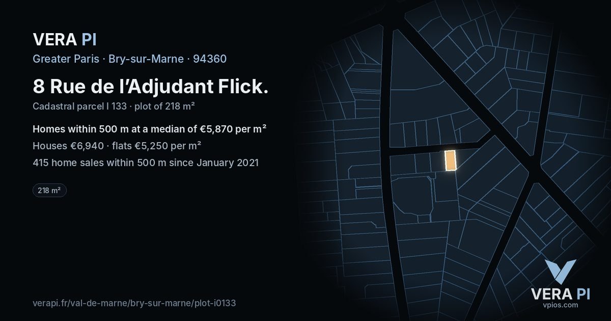 8 Rue de l’Adjudant Flick, Bry-sur-Marne at night – the plot lit, the parcels around coloured by the prices near them