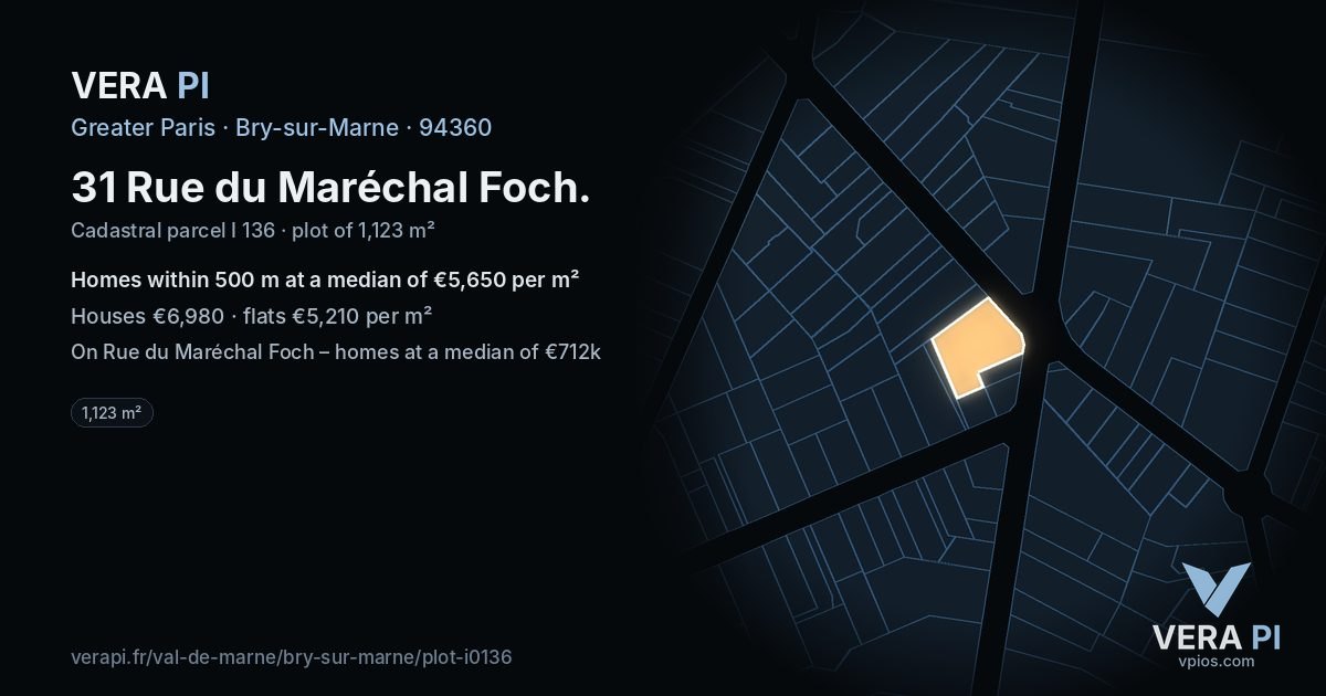 31 Rue du Maréchal Foch, Bry-sur-Marne at night – the plot lit, the parcels around coloured by the prices near them
