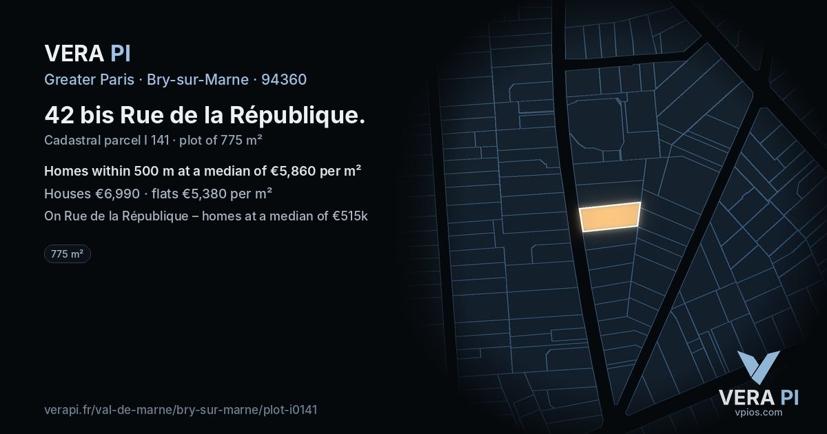 42 bis Rue de la République, Bry-sur-Marne at night – the plot lit, the parcels around coloured by the prices near them
