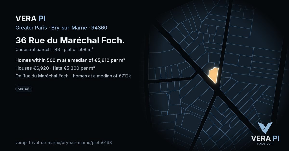36 Rue du Maréchal Foch, Bry-sur-Marne at night – the plot lit, the parcels around coloured by the prices near them