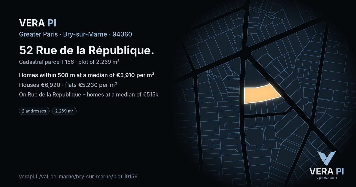 52 Rue de la République, Bry-sur-Marne at night – the plot lit, the parcels around coloured by the prices near them