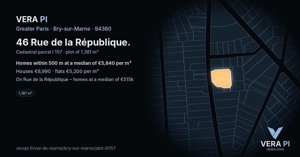 46 Rue de la République, Bry-sur-Marne at night – the plot lit, the parcels around coloured by the prices near them