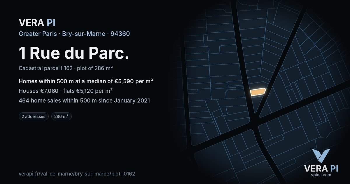 1 Rue du Parc, Bry-sur-Marne at night – the plot lit, the parcels around coloured by the prices near them