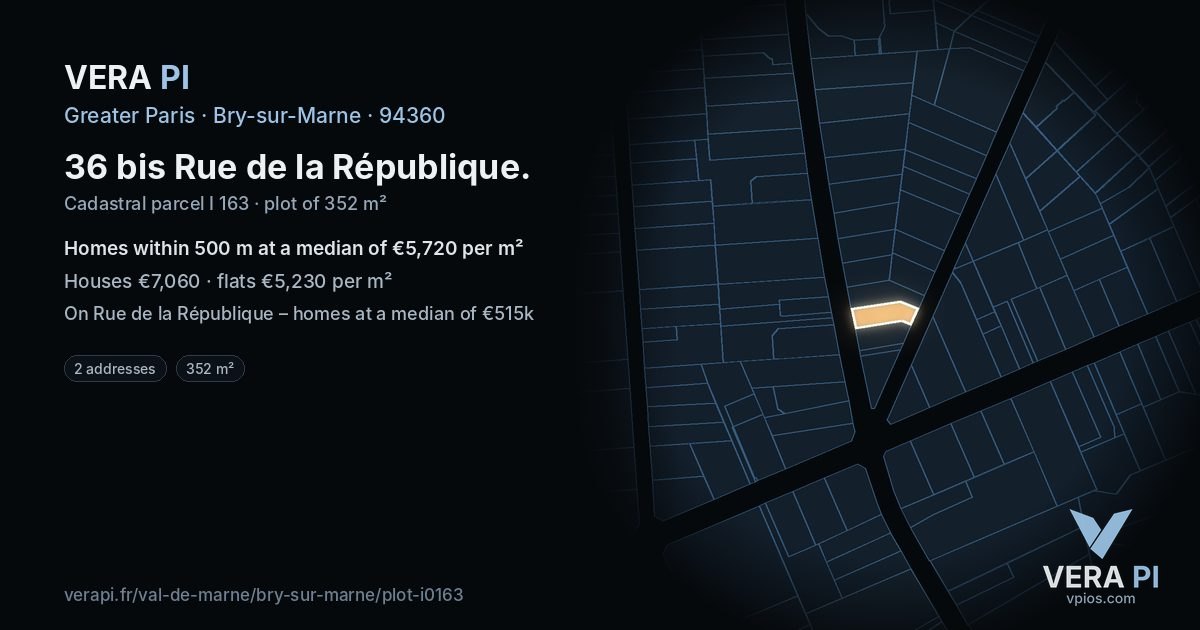36 bis Rue de la République, Bry-sur-Marne at night – the plot lit, the parcels around coloured by the prices near them