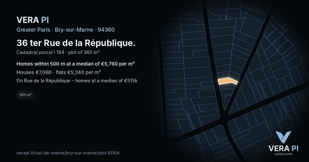 36 ter Rue de la République, Bry-sur-Marne at night – the plot lit, the parcels around coloured by the prices near them