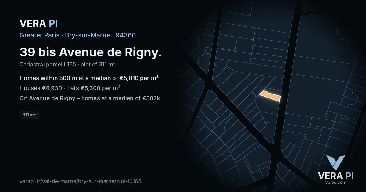 39 bis Avenue de Rigny, Bry-sur-Marne at night – the plot lit, the parcels around coloured by the prices near them