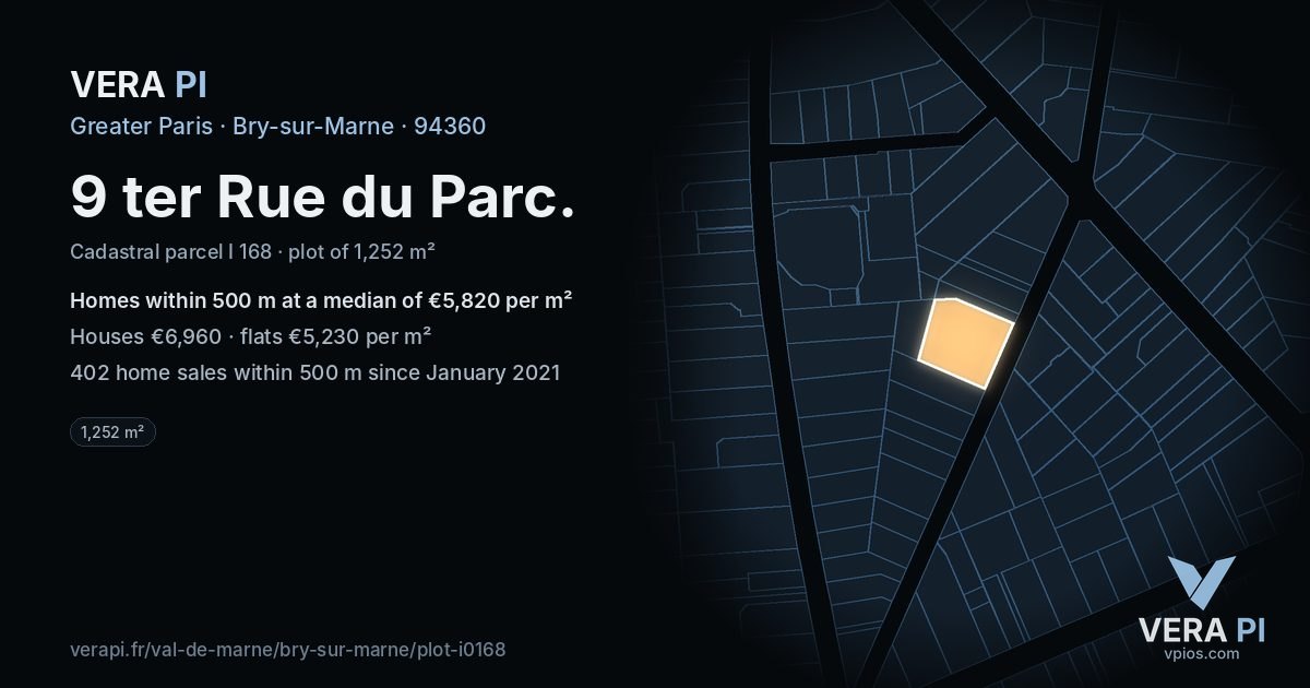 9 ter Rue du Parc, Bry-sur-Marne at night – the plot lit, the parcels around coloured by the prices near them