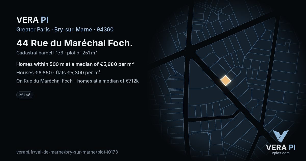 44 Rue du Maréchal Foch, Bry-sur-Marne at night – the plot lit, the parcels around coloured by the prices near them
