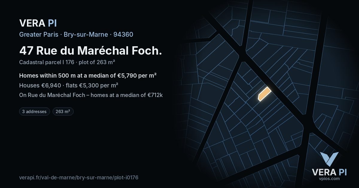 47 Rue du Maréchal Foch, Bry-sur-Marne at night – the plot lit, the parcels around coloured by the prices near them
