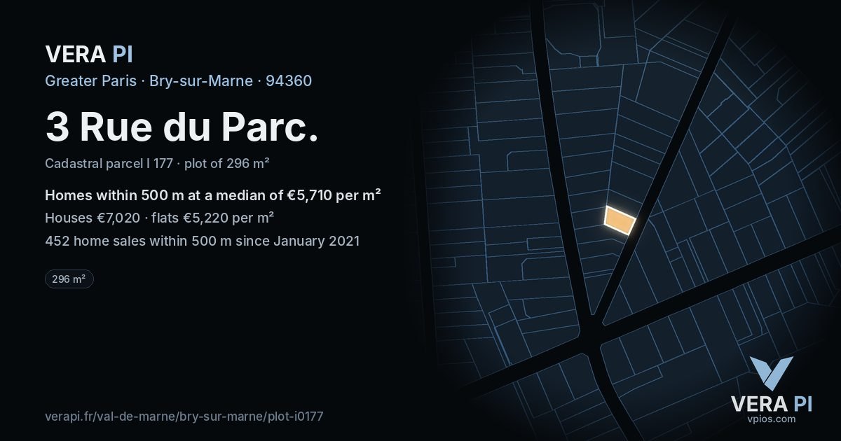 3 Rue du Parc, Bry-sur-Marne at night – the plot lit, the parcels around coloured by the prices near them