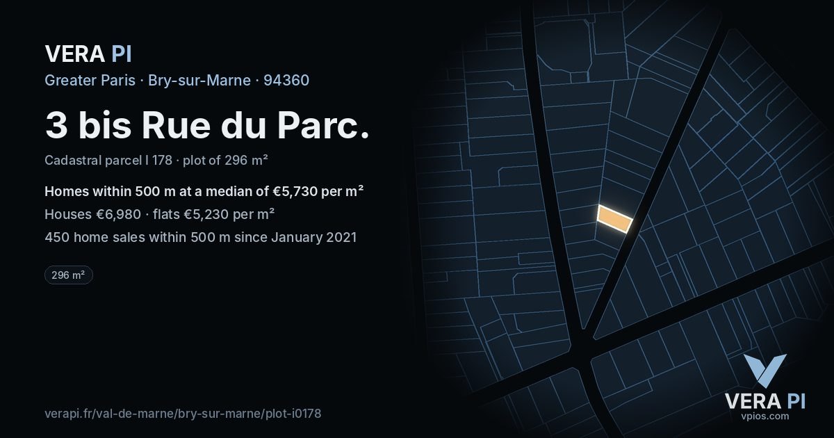 3 bis Rue du Parc, Bry-sur-Marne at night – the plot lit, the parcels around coloured by the prices near them