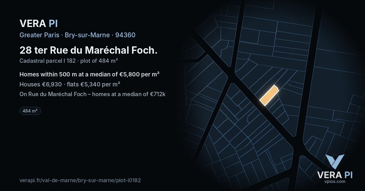 28 ter Rue du Maréchal Foch, Bry-sur-Marne at night – the plot lit, the parcels around coloured by the prices near them