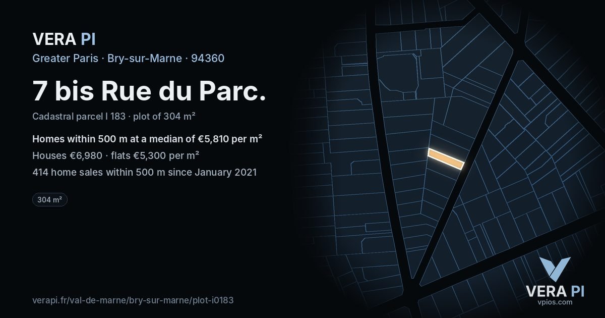 7 bis Rue du Parc, Bry-sur-Marne at night – the plot lit, the parcels around coloured by the prices near them