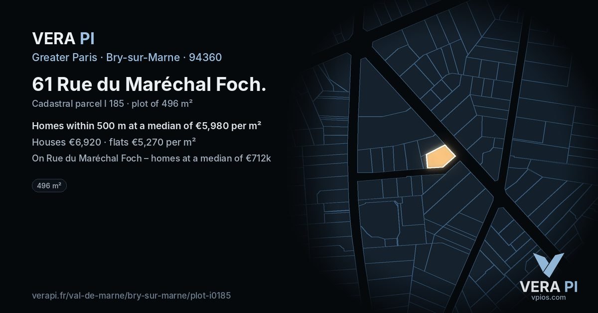 61 Rue du Maréchal Foch, Bry-sur-Marne at night – the plot lit, the parcels around coloured by the prices near them