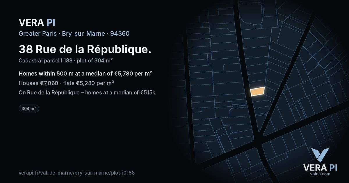 38 Rue de la République, Bry-sur-Marne at night – the plot lit, the parcels around coloured by the prices near them