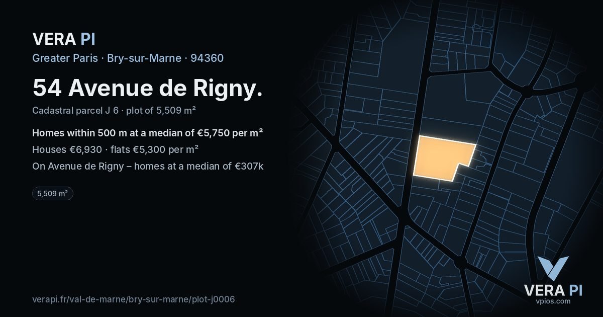 54 Avenue de Rigny, Bry-sur-Marne at night – the plot lit, the parcels around coloured by the prices near them