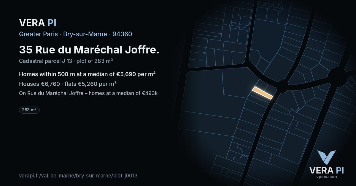 35 Rue du Maréchal Joffre, Bry-sur-Marne at night – the plot lit, the parcels around coloured by the prices near them
