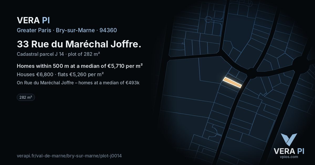 33 Rue du Maréchal Joffre, Bry-sur-Marne at night – the plot lit, the parcels around coloured by the prices near them