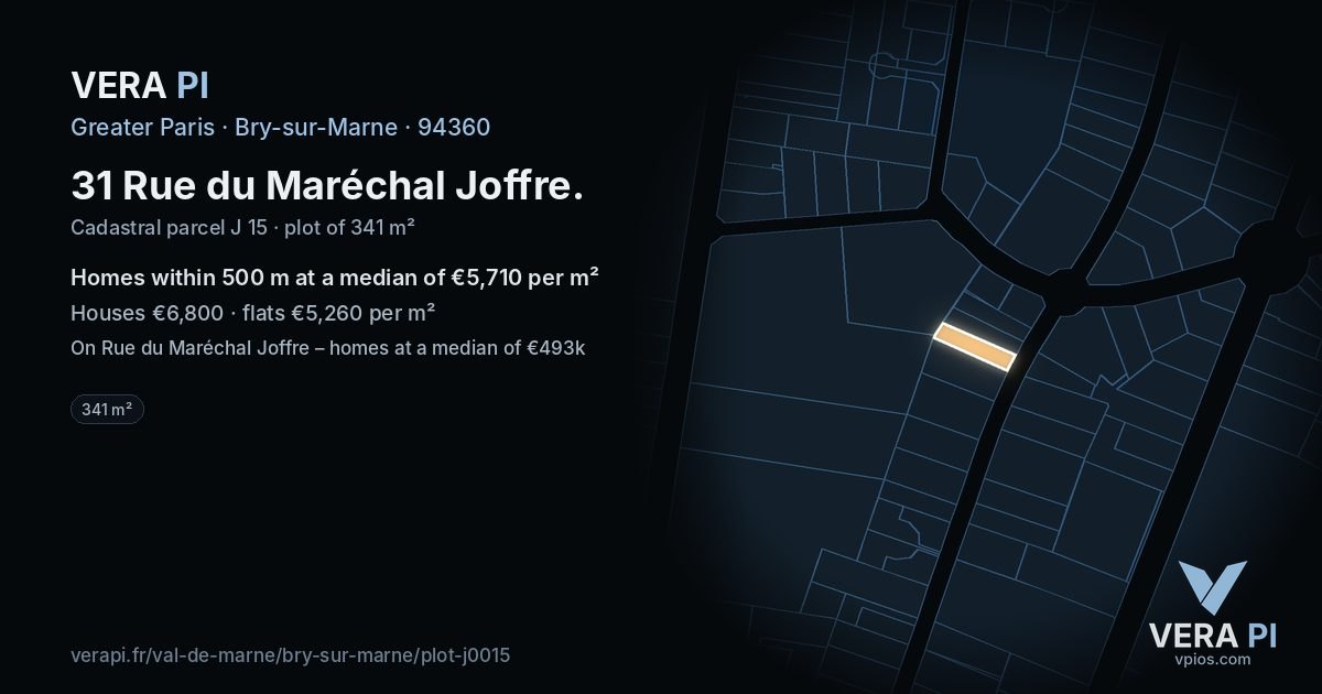 31 Rue du Maréchal Joffre, Bry-sur-Marne at night – the plot lit, the parcels around coloured by the prices near them