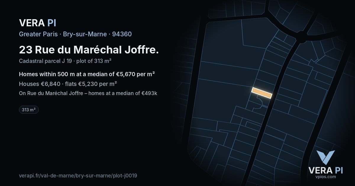 23 Rue du Maréchal Joffre, Bry-sur-Marne at night – the plot lit, the parcels around coloured by the prices near them