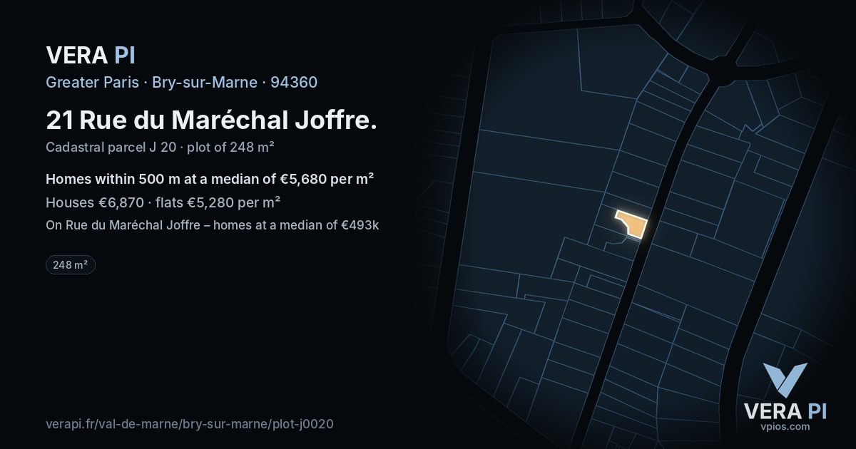 21 Rue du Maréchal Joffre, Bry-sur-Marne at night – the plot lit, the parcels around coloured by the prices near them