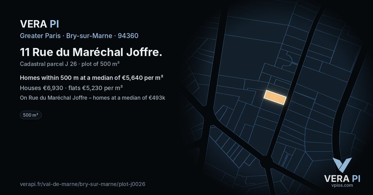 11 Rue du Maréchal Joffre, Bry-sur-Marne at night – the plot lit, the parcels around coloured by the prices near them