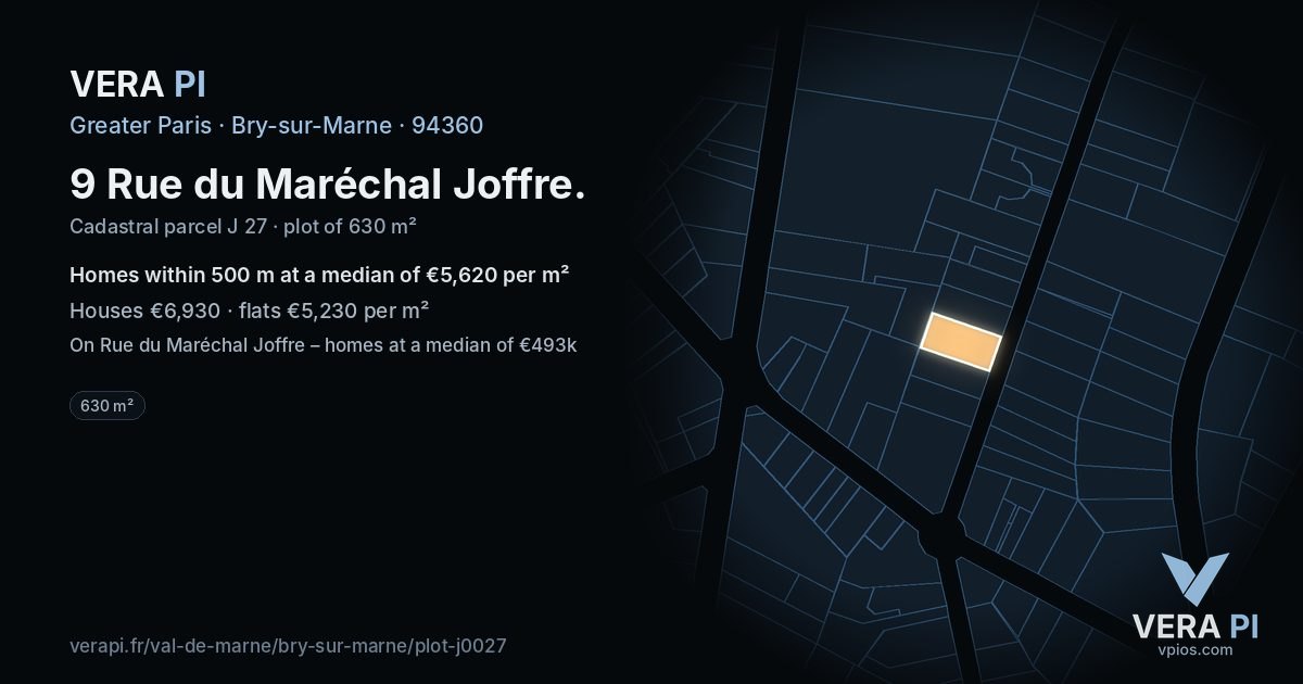 9 Rue du Maréchal Joffre, Bry-sur-Marne at night – the plot lit, the parcels around coloured by the prices near them