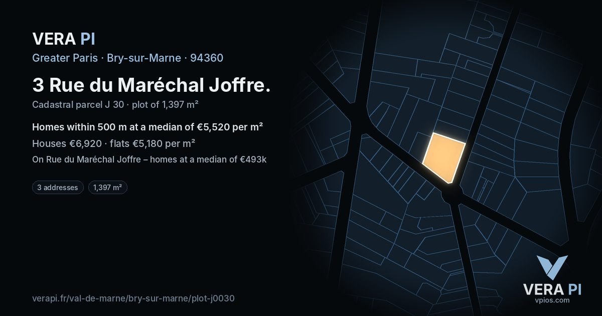 3 Rue du Maréchal Joffre, Bry-sur-Marne at night – the plot lit, the parcels around coloured by the prices near them